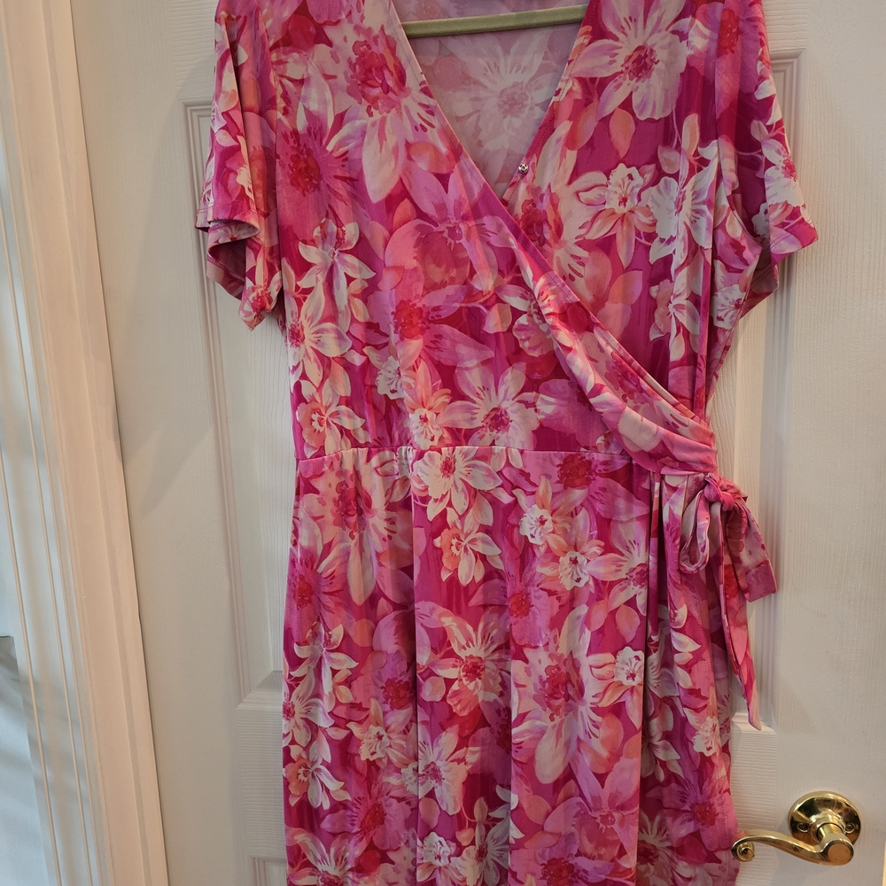 Susan Graver Pink Floral Wrap-Style Dress with Side Tie